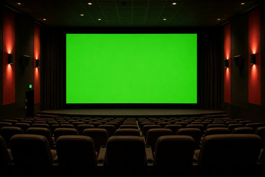 Empty Movie Theater Hall with Large Blank Green Screen Mockup on Stage