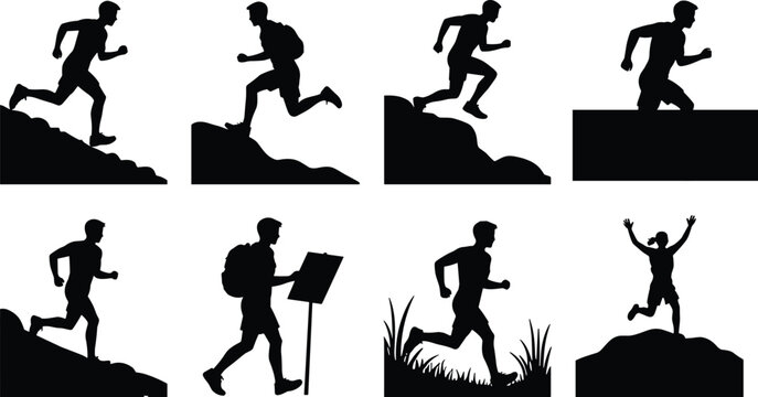 Trail running silhouette collection featuring outdoor runners hiking uphill crossing obstacles and mountain race victory isolated on white background