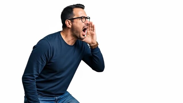 A man wearing glasses shouting loudly with his hand cupped near his mouth
