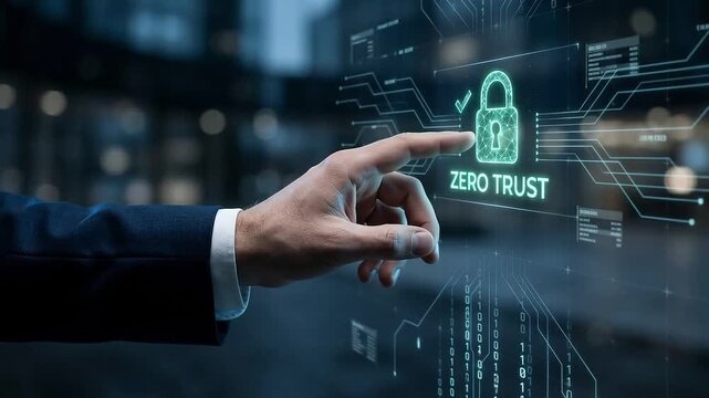 Zero trust access management digital lock security technology interface with hand pointing on virtual screen for secure data protection and network control in cyber protection environment