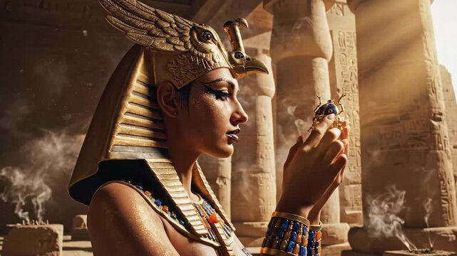 Egyptian Queen Cleopatra Holding Golden Scarab in Ancient Temple Ruins with Cinematic Sunlight