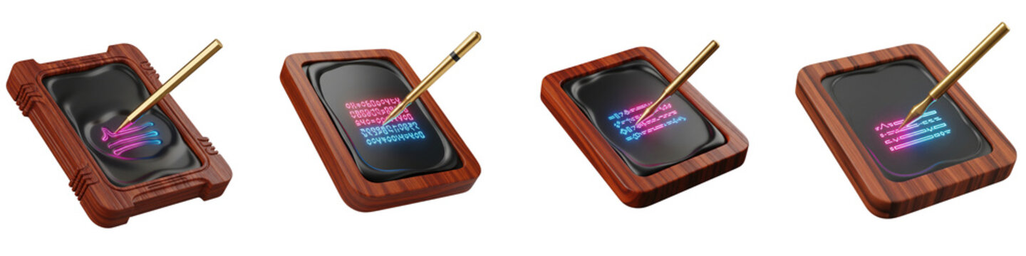 Four futuristic wooden tablets with glowing neon symbols and gold stylus