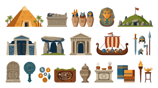 Archaeology  History Flat Vector Illustration Set: Ancient Civilizations Monuments, Artifacts  Tomb Finds