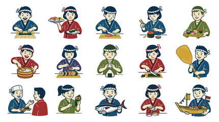 Obraz premium Flat Illustration Set of Japanese Cuisine: Happy Cartoon People Making, Serving, and Eating Sushi