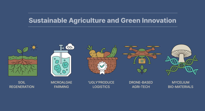Sustainable Agriculture and Green Innovation Flat Vector Icon Set