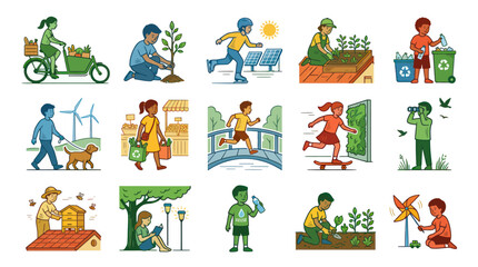 Fototapeta premium Eco-Friendly Sustainable Living Hand-Drawn Line Art Illustration Set of People Engaged in Green Activities
