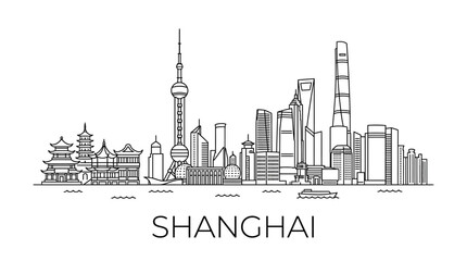 Obraz premium Shanghai Skyline Outline Drawing Silhouette - Modern Cityscape Art