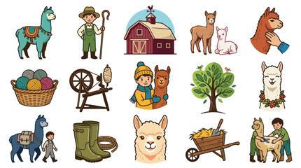 Fototapeta premium Agriculture Alpaca Farm Life Cartoon Vector Set: Farmer, Animals, Wool Craft, Barn Rural Elements