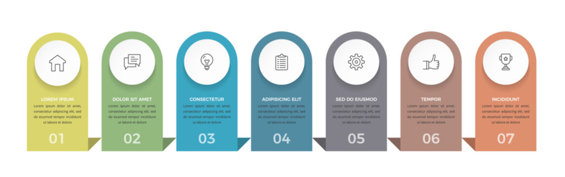 Sequential process flow infographic template featuring seven vertical elements arranged in a horizontal row to present a linear progression or strategy