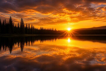 Obraz premium Golden sun dips behind distant pine trees. Silent lake mirrors sky's fiery glow. Orange clouds ripple with sunset's warmth. Reflections dance on still, glassy water. Peaceful scene invites calm