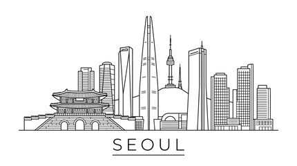 Naklejka premium Seoul Cityscape Skyline Line Art - Iconic Landmarks & Modern Architecture