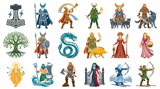 Flat Vector Illustrations of Ancient Mythology Gods, Goddesses, and Legendary Characters Set