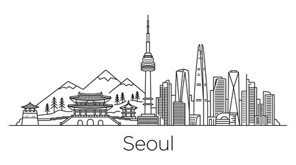 Obraz premium Seoul skyline illustration with iconic landmarks and mountains
