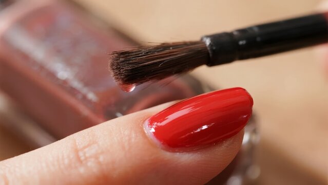 Close-up of a finger with red nail polish being applied using a brush, with a bottle of polish in the background.
