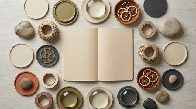 Flat lay composition of assorted natural materials and open notebook on textured surface