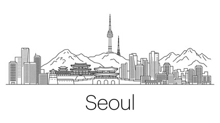 Naklejka premium Seoul Skyline Outline - South Korean Capital City Landmarks