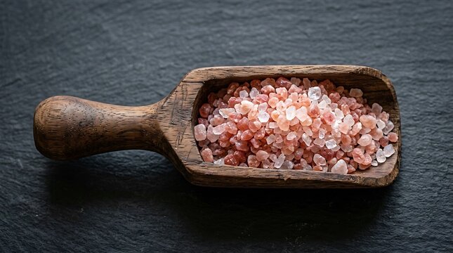 Coarse pink Himalayan salt crystals in a rustic wooden scoop