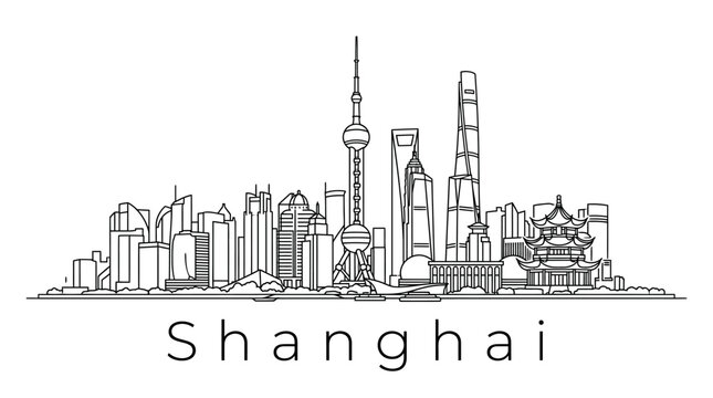 Shanghai Skyline Outline Drawing - Iconic Landmarks