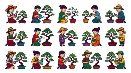 Obraz premium Children Caring for Bonsai Trees, Vector Illustration, Flat Art Style
