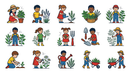 Fototapeta premium Children Gardening Activities Set: Diverse Kids Planting, Watering, and Caring for Plants - Colorful Vector Illustration