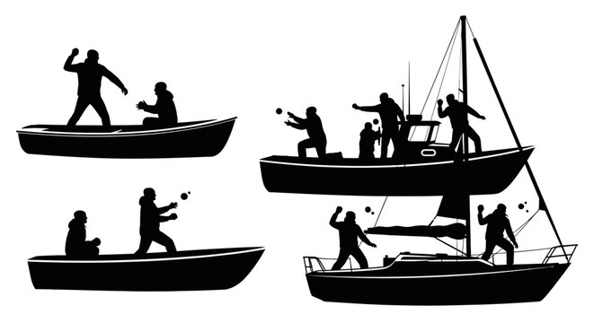 Silhouettes of people fishing on various boats at sea.