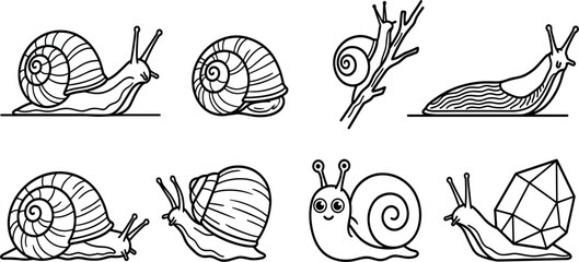 Minimalist Snail and Slug Line Art Vector Icon Set Featuring Cute Cartoon Characters Geometric Crystal Shells and Nature Wildlife Graphic Elements © MdImran