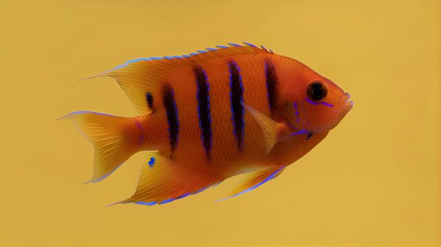 Vibrant Orange Angelfish with Blue Striped Pattern Swimming in Yellow Background
