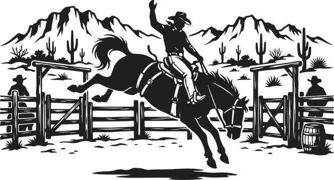 Western cowboy riding bucking horse, black and white vector illustration, rodeo scene, cowboy hat