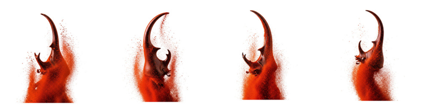 Four Hercules beetles emerging from red dust clouds on black background