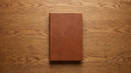 Fototapeta premium Plain brown book resting on a textured wooden surface overhead view