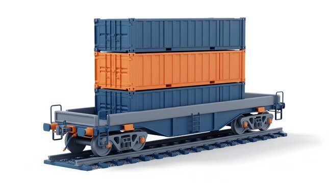 Blue and orange shipping containers stacked on a flatbed railway car during transportation on tracks isolated on white background