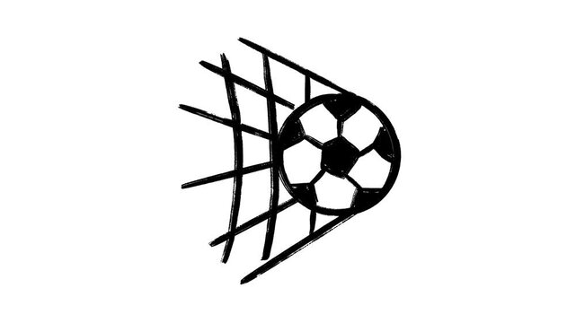 Soccer ball in net hand drawn animation, moving football goal motion, scored sketch graphics, doodle sport energy, active play dynamic, hand-drawn vector effect