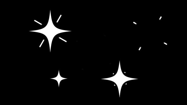 Twinkle star glitter sparkle with love shape, white cartoon, flat, vector, doodles style stars blinking, glitter on black screen background. Glowing stars sparkle on transparent background.