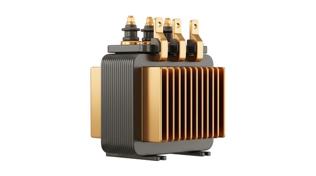 Electrical transformer with copper terminals on a white background for industrial power projects