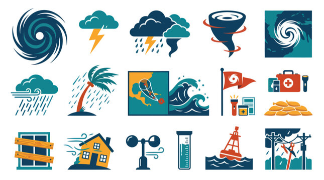 Flat Natural Disaster, Weather, and Emergency Preparedness Icons - Storms, Hurricanes, Floods, Tornadoes