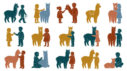 Fototapeta premium Cute flat vector illustration of children interacting with alpacas, farm animals, cute characters