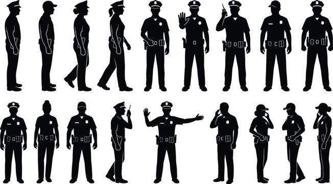 Police officer silhouettes set of male and female cops in uniform talking on radio and directing traffic