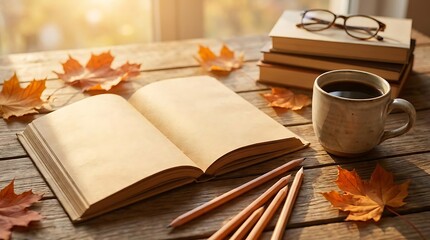 Fototapeta premium Open book pencils cup of coffee and autumn leaves on wooden table