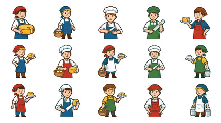 Fototapeta premium Cute Cartoon Cheese Makers Holding Dairy Products, Flat Vector Illustrations