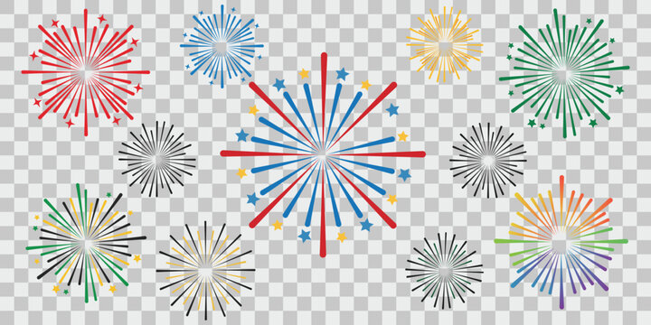 A colorful illustration of fireworks exploding in the night sky with a transparent background