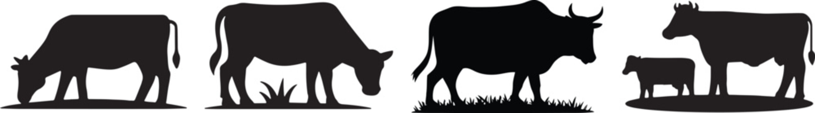 Cow silhouettes grazing and standing in a field farm animal cattle collection in black ink and baby shape, and silhouette set icons