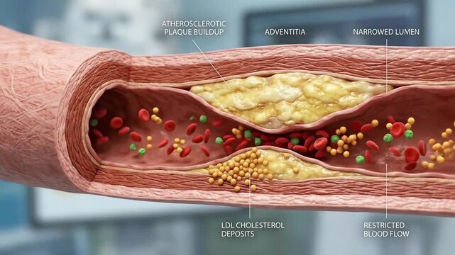 Vascular health imbalance: lipid profile, artery condition, cholesterol deposit, plaque buildup, blood restriction, cardiovascular risk, circulatory peril.