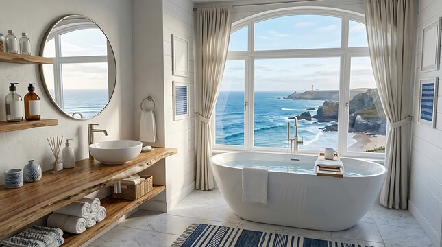 Luxury modern bathroom with white freestanding tub and panoramic ocean view