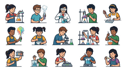 Fototapeta premium Children Doing Science Experiments, Cartoon Style, Stock Vector Art
