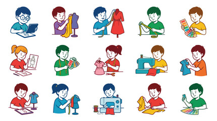 Fototapeta premium Young Fashion Designers and Seamstresses Flat Illustration Set. Kids Learning Sewing and Garment Creation Process.