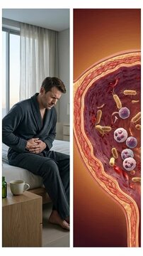 Urinary bladder distress: inflammation cystitis, pelvic discomfort, microbial attack, human suffer, medical condition, cellular defend, internal infection, symptom display.