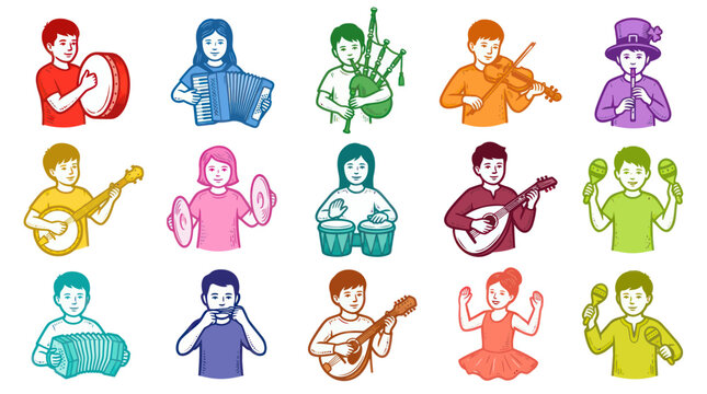 Kids Musicians Playing Traditional and Folk Musical Instruments Cartoon Vector Line Art Illustration Set