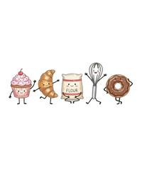 Naklejka premium Kawaii bakery characters collection, cute hand drawn pastry illustrations, smiling cupcake flour whisk and donut set on white background