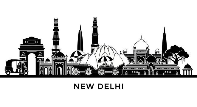 New Delhi Skyline Silhouette: Iconic Landmarks and Auto Rickshaw, India