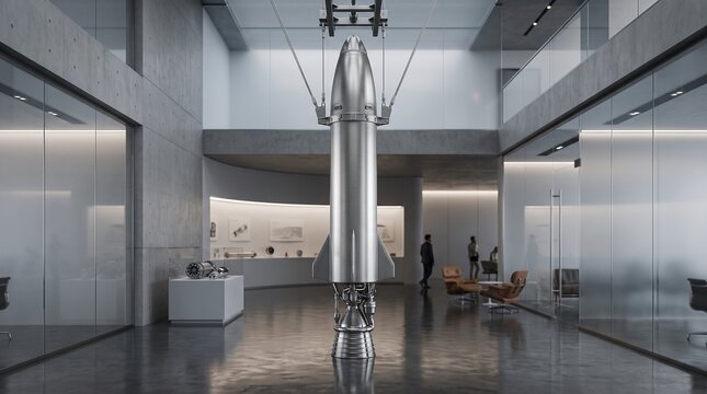 A sleek silver rocket sculpture stands on display in a modern spacious interior lobby with cityscape views through large windows and a minimalist architectural design.